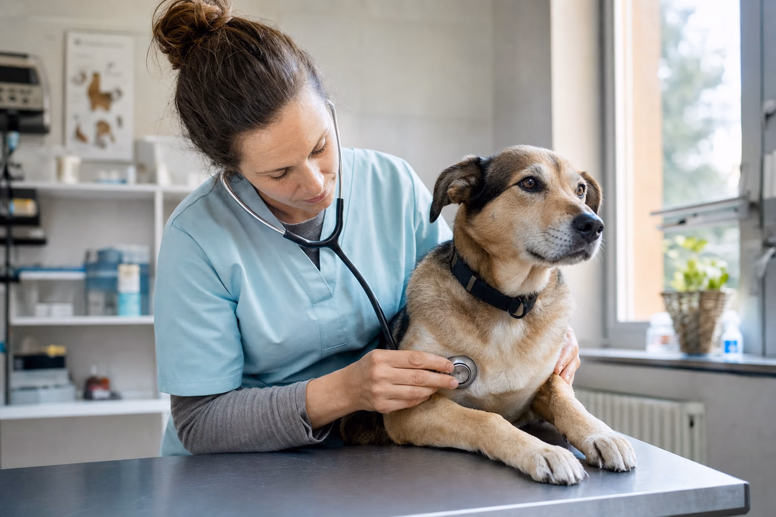Veterinár vyšetruje pokojného psa v ambulancii