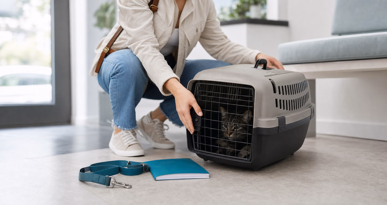 Majiteľ sa pripravuje na veterinárne vyšetrenie s bezpečnou prepravkou a očkovacím preukazom