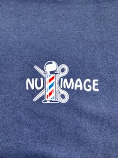 Embroidered red, white, and blue barber pole logo